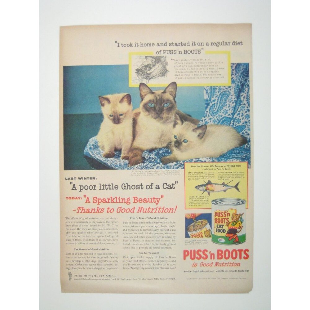 1956 Vintage Puss n Boots Cat Food Print Advertisement Siamese Kitty Feline MOD